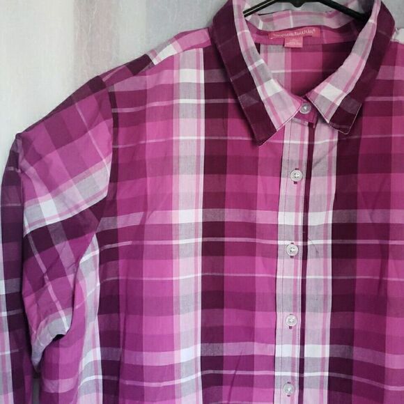Woman Within Button Up Shirt 1X Plaid Classic Collar Hemline Styling Purple Pink - Picture 3 of 11